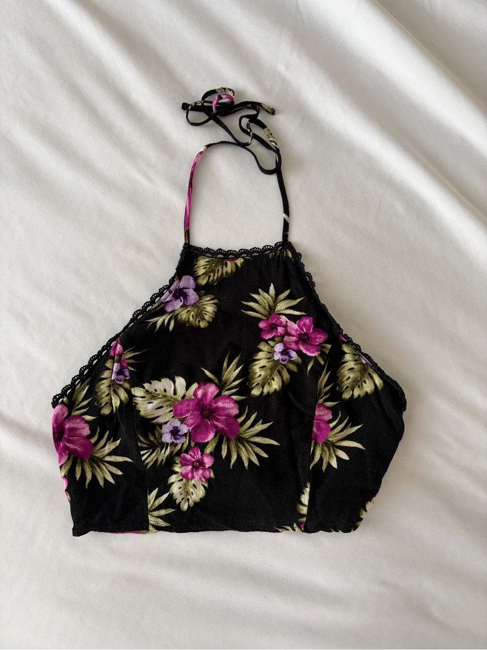 Forever 21 Black Hibiscus Flower Halter Top